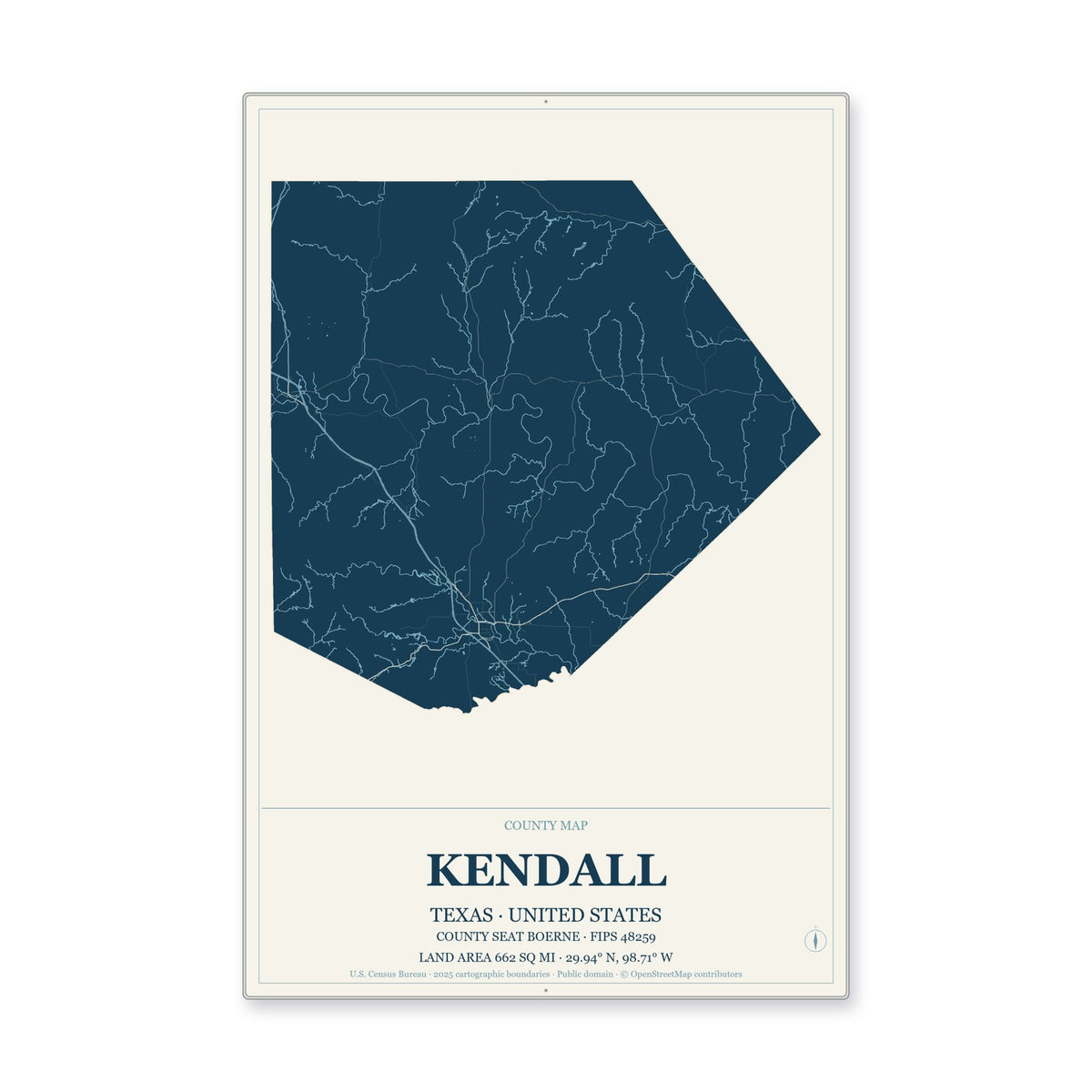Kendall County, Texas Map Aluminum Sign in Coastal Cutout style