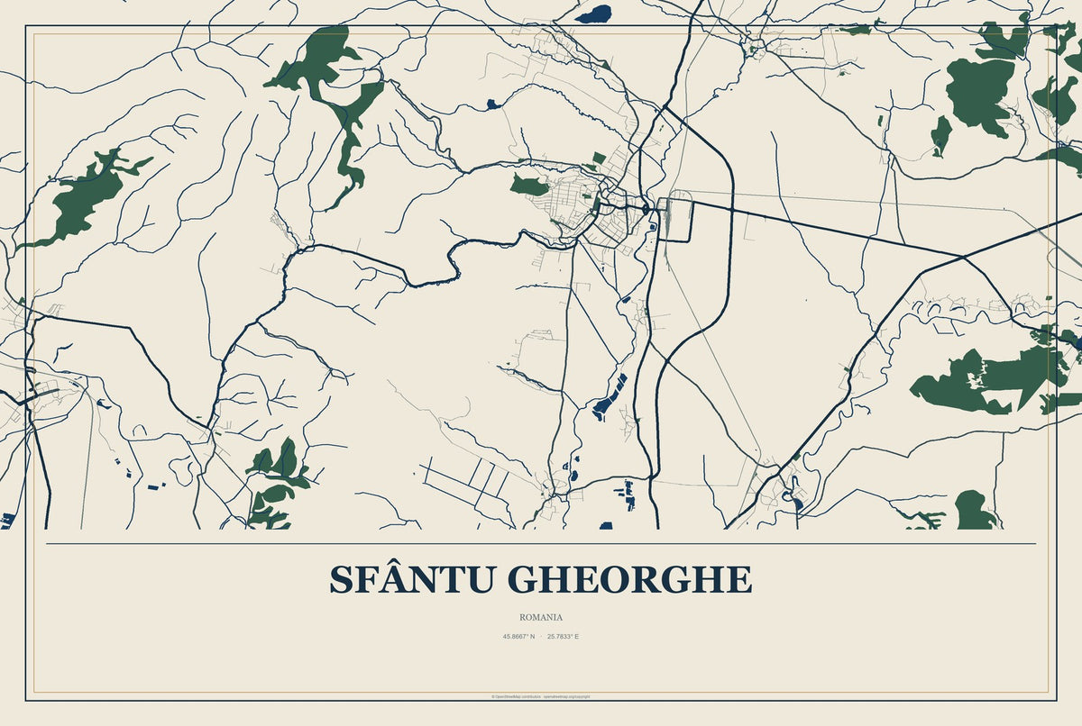Sfântu Gheorghe, Romania City Map Aluminum Sign in Coastal Cutout style