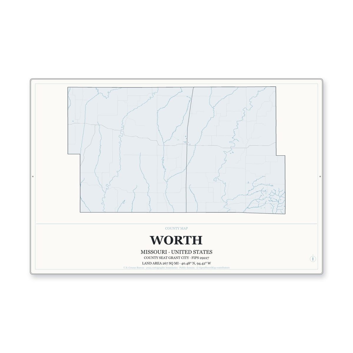 Worth County, Missouri Map Aluminum Sign in Gallery Air style