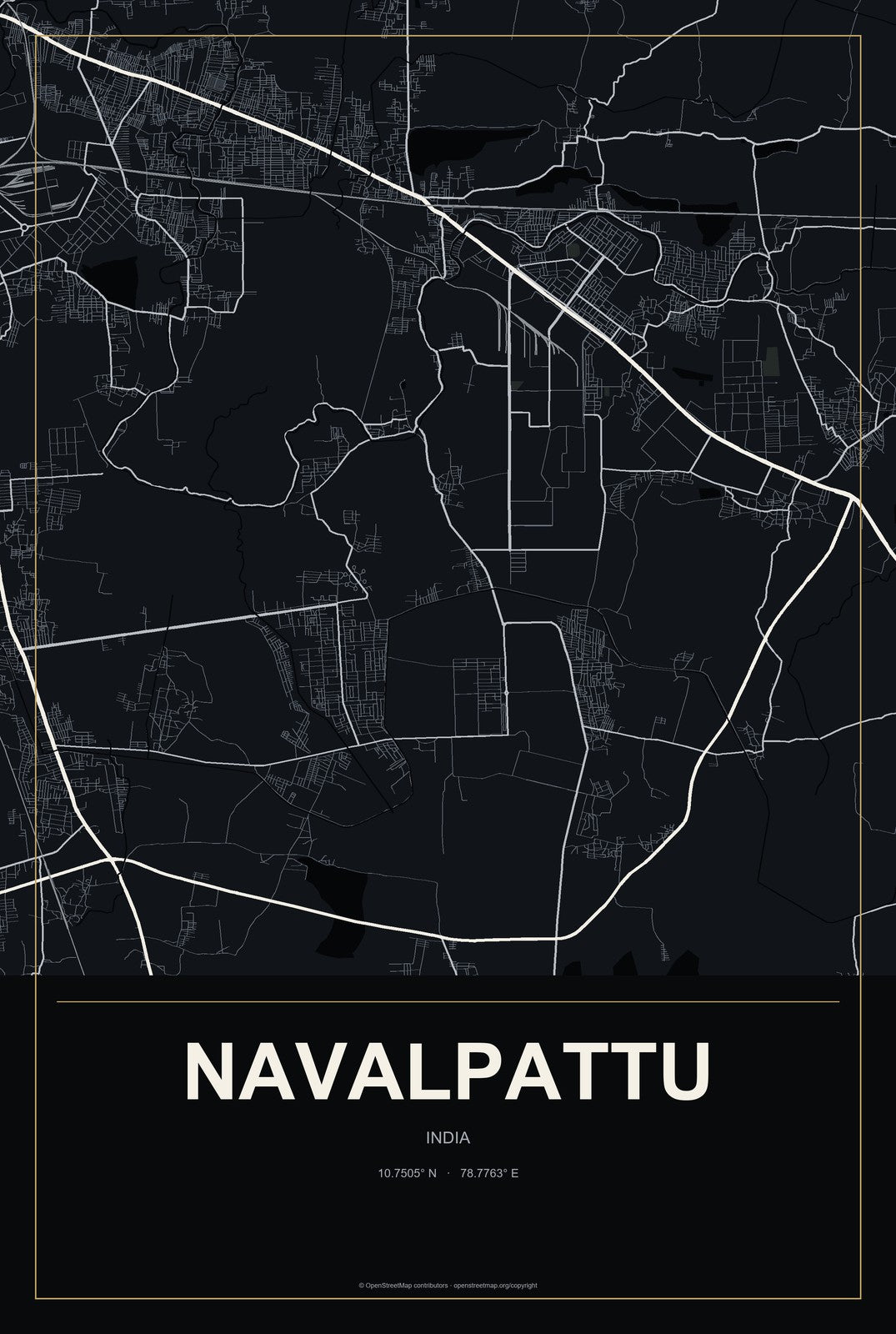 Navalpattu, India City Map Aluminum Sign in Metropolitan Noir style