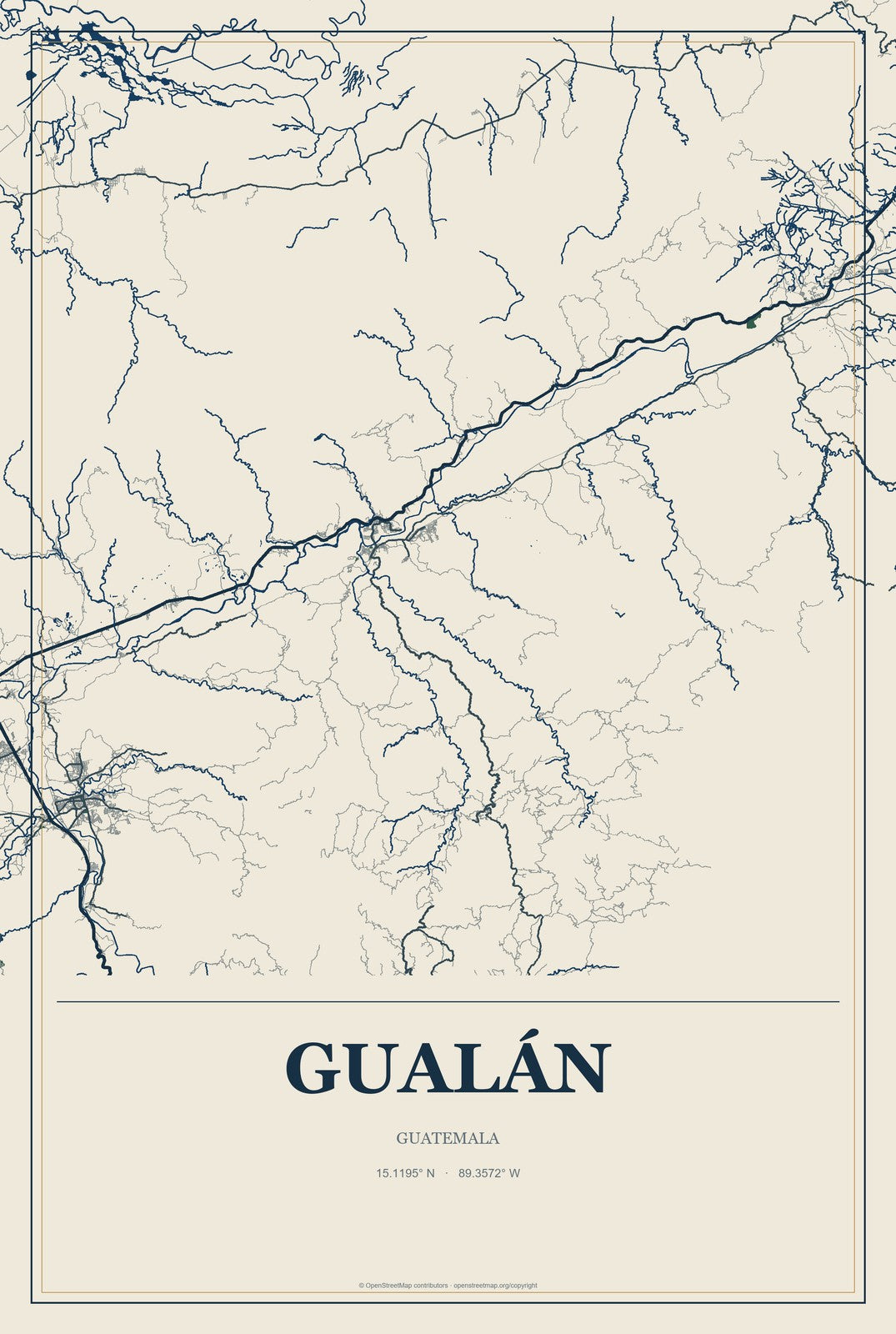 Gualán, Guatemala City Map Aluminum Sign in Coastal Cutout style