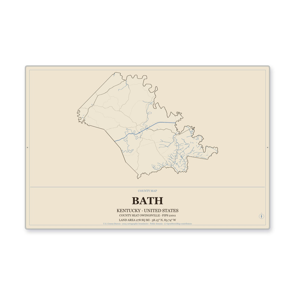 Bath County, Kentucky Map Aluminum Sign in Heritage Nautical style