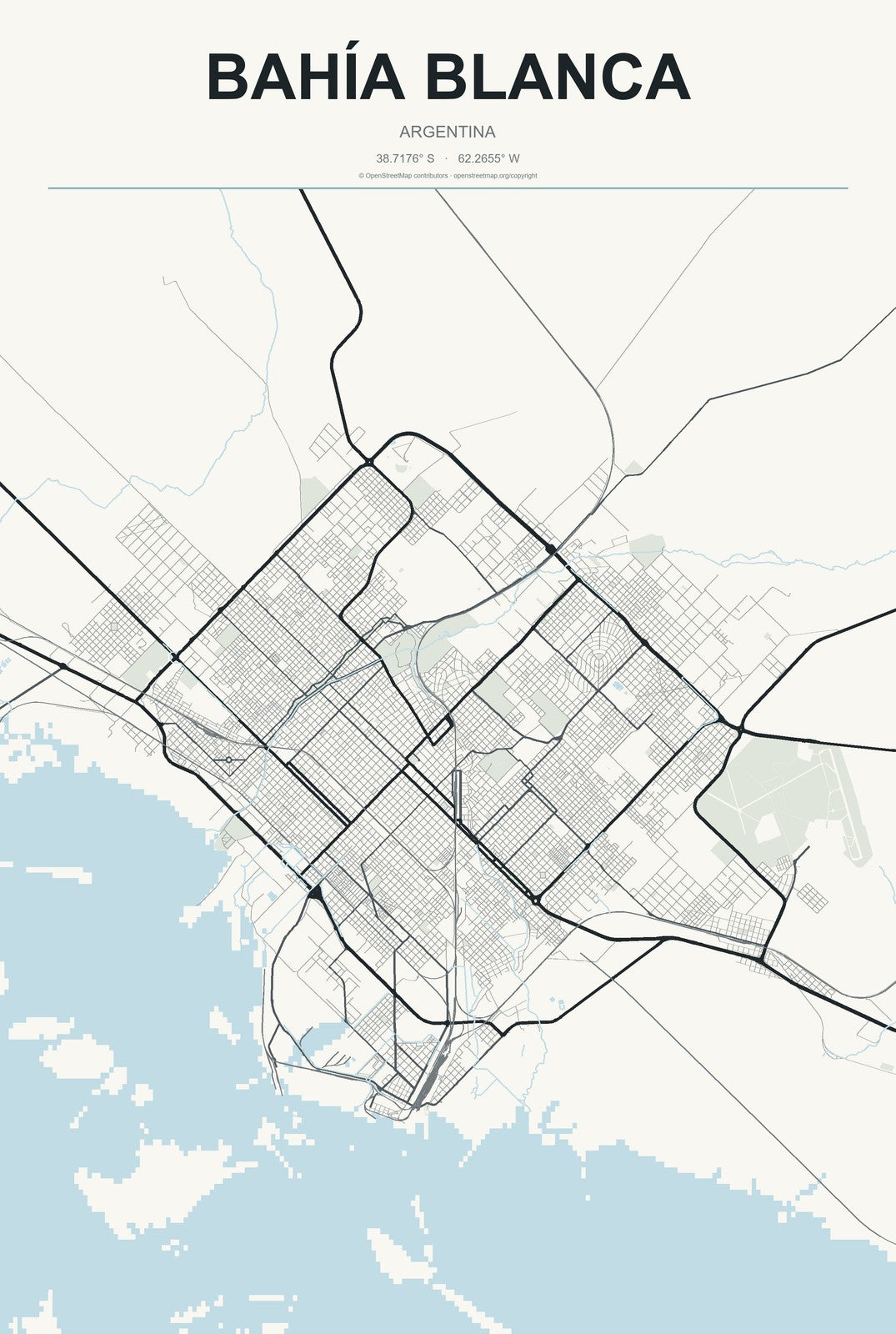 Bahía Blanca, Argentina City Map Aluminum Sign in Headline Atlas style