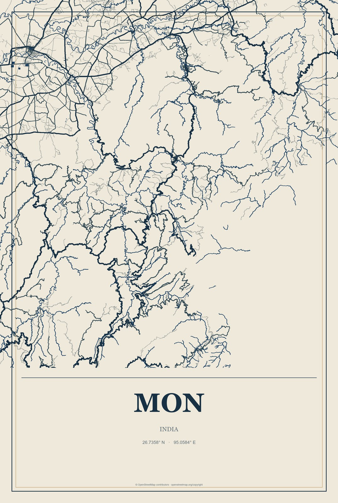 Mon, India City Map Aluminum Sign in Coastal Cutout style