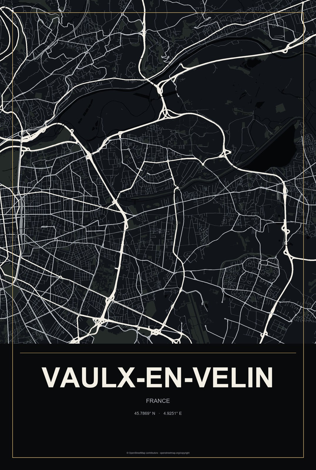 Vaulx-en-Velin, France City Map Aluminum Sign in Metropolitan Noir style