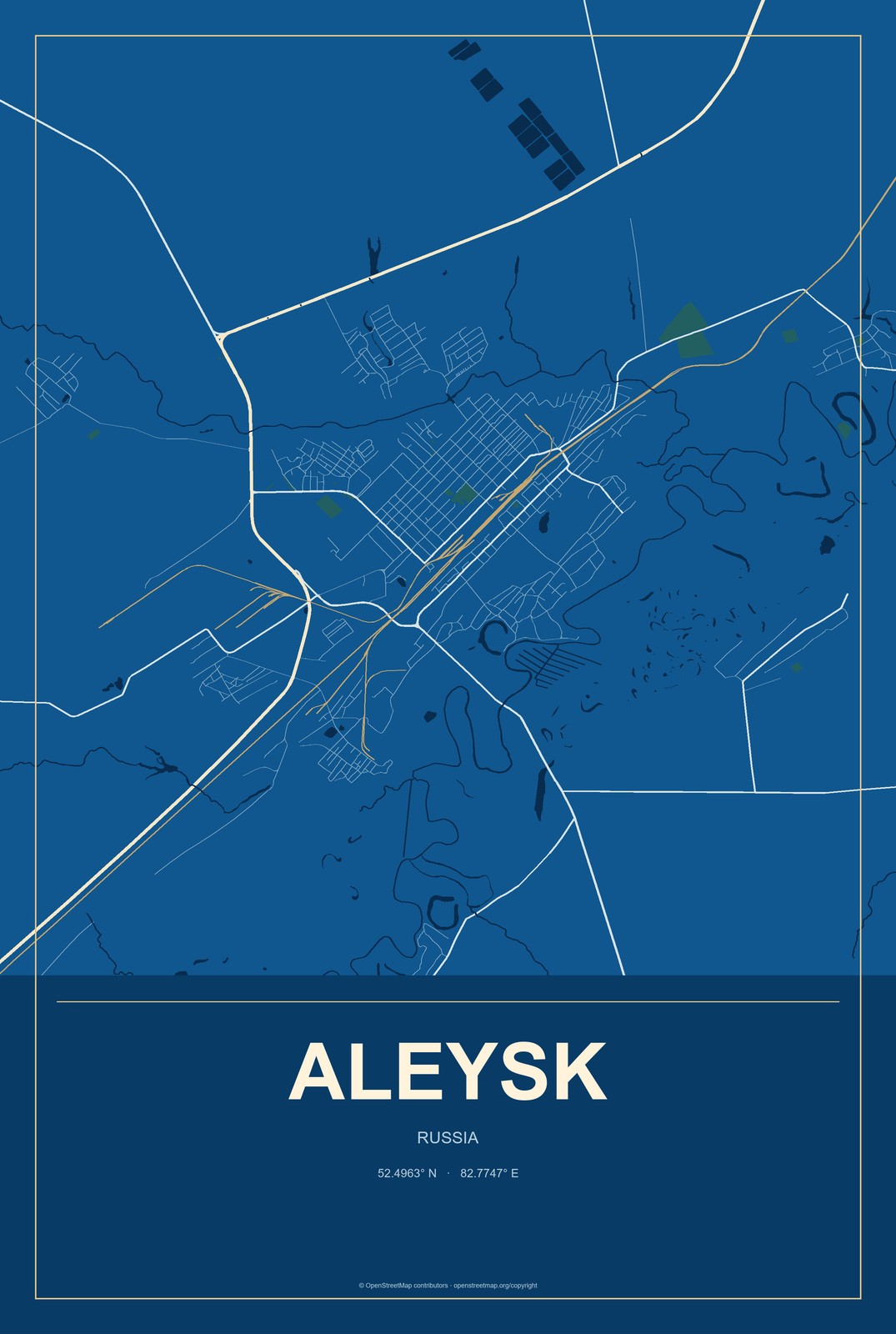 Aleysk, Russia City Map Aluminum Sign in Harbor Cobalt style