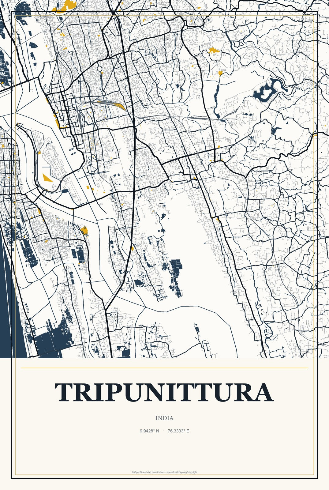 Tripunittura, India City Map Aluminum Sign in Citrine Modern style