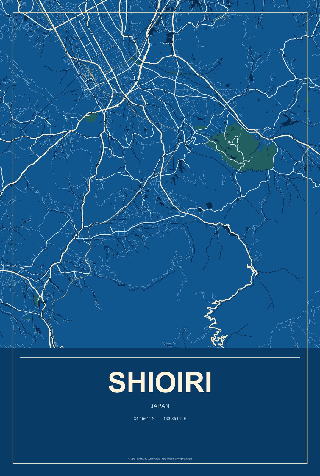 Shioiri, Japan City Map Aluminum Sign in Harbor Cobalt style