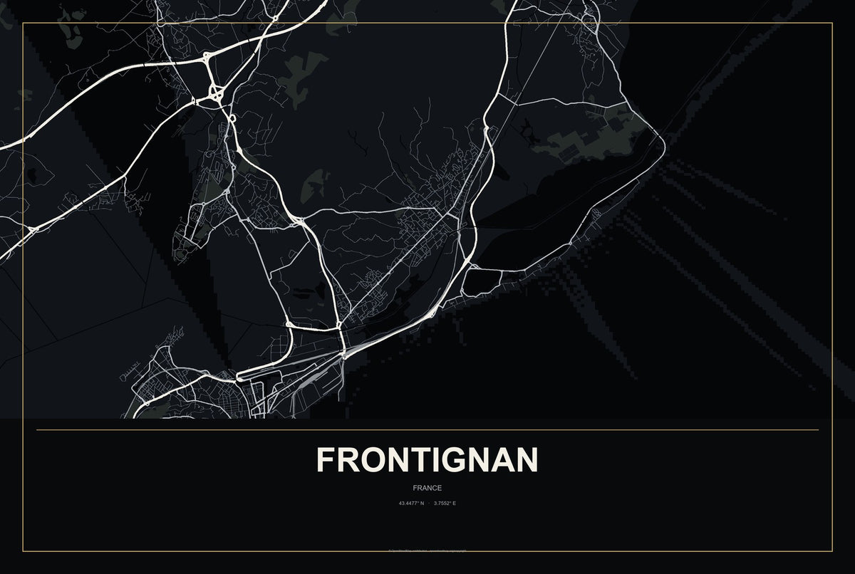 Frontignan, France City Map Aluminum Sign in Metropolitan Noir style
