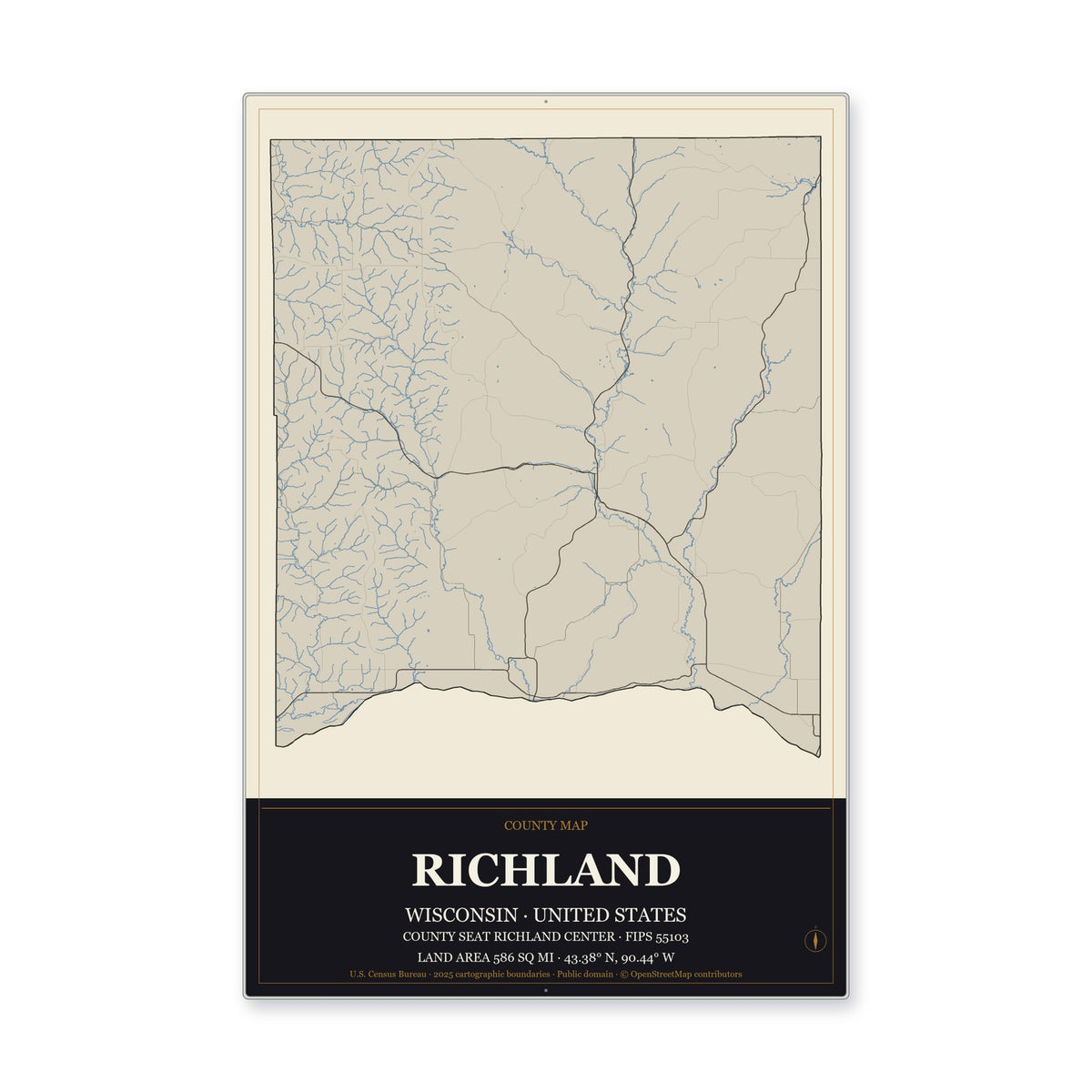 Richland County, Wisconsin Map Aluminum Sign in Museum Plaque style