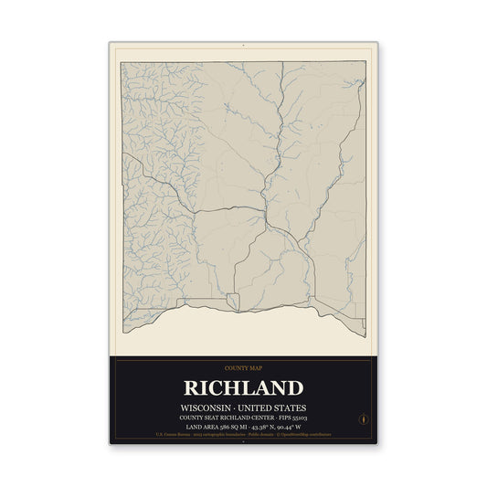 Richland County, Wisconsin Map Aluminum Sign in Museum Plaque style