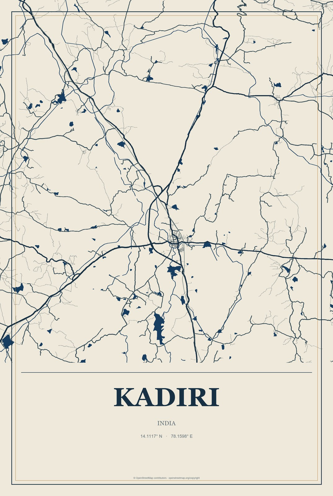 Kadiri, India City Map Aluminum Sign in Coastal Cutout style