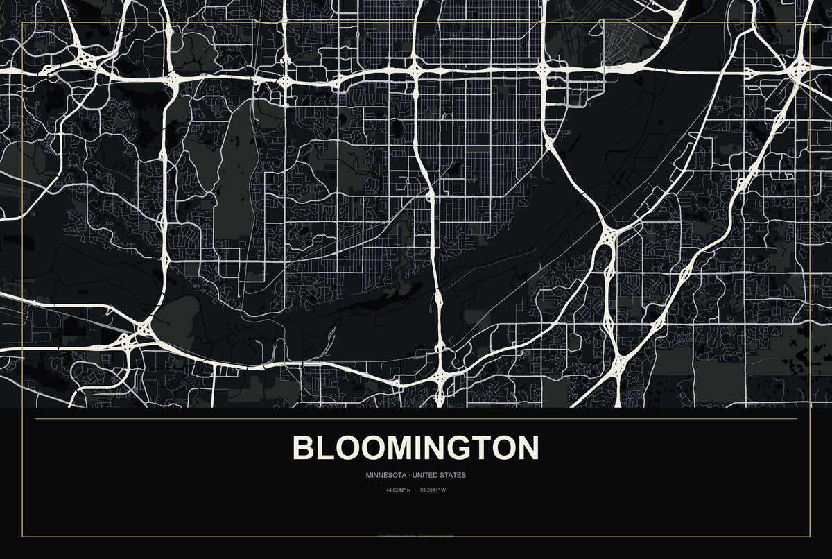 Bloomington, Minnesota City Map Aluminum Sign in Metropolitan Noir style