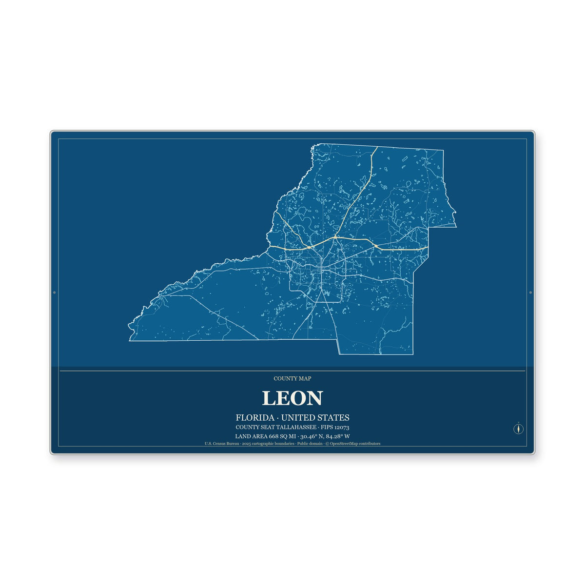 Leon County, Florida Map Aluminum Sign in Harbor Cobalt style