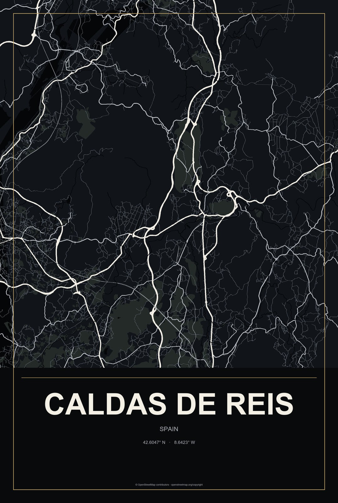 Caldas de Reis, Spain City Map Aluminum Sign in Metropolitan Noir style