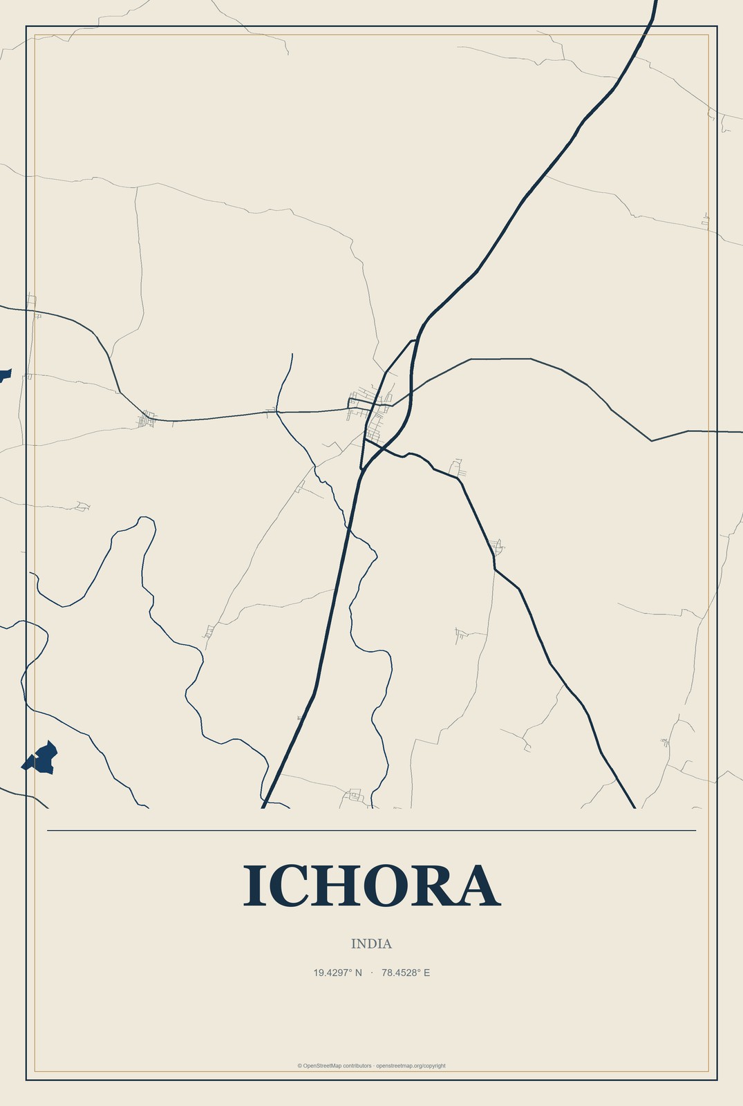 Ichora, India City Map Aluminum Sign in Coastal Cutout style