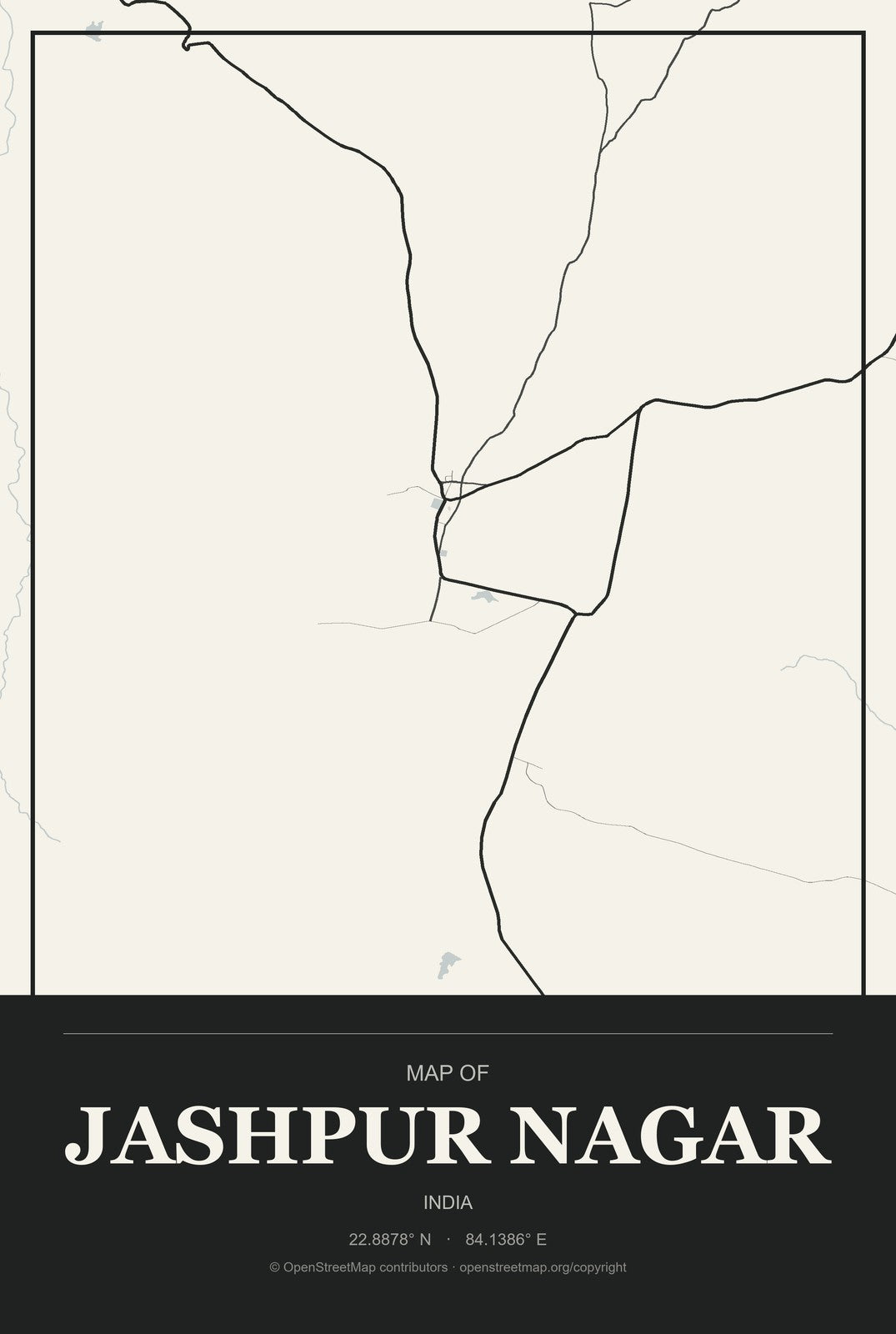 Jashpur Nagar, India City Map Aluminum Sign in Museum Plaque style
