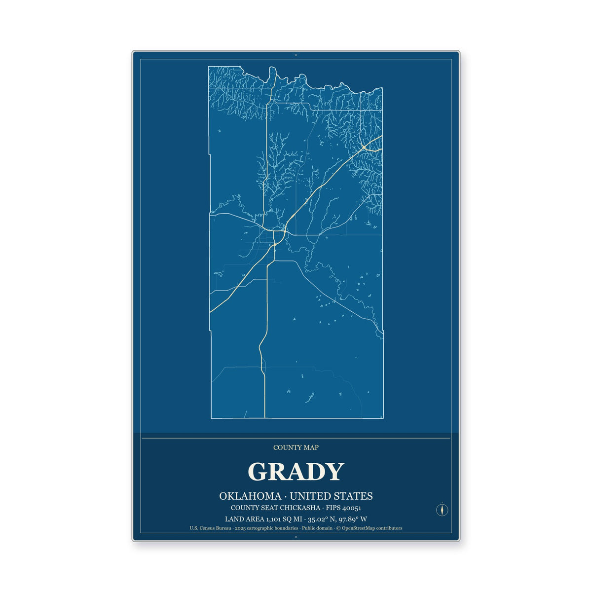 Grady County, Oklahoma Map Aluminum Sign in Harbor Cobalt style
