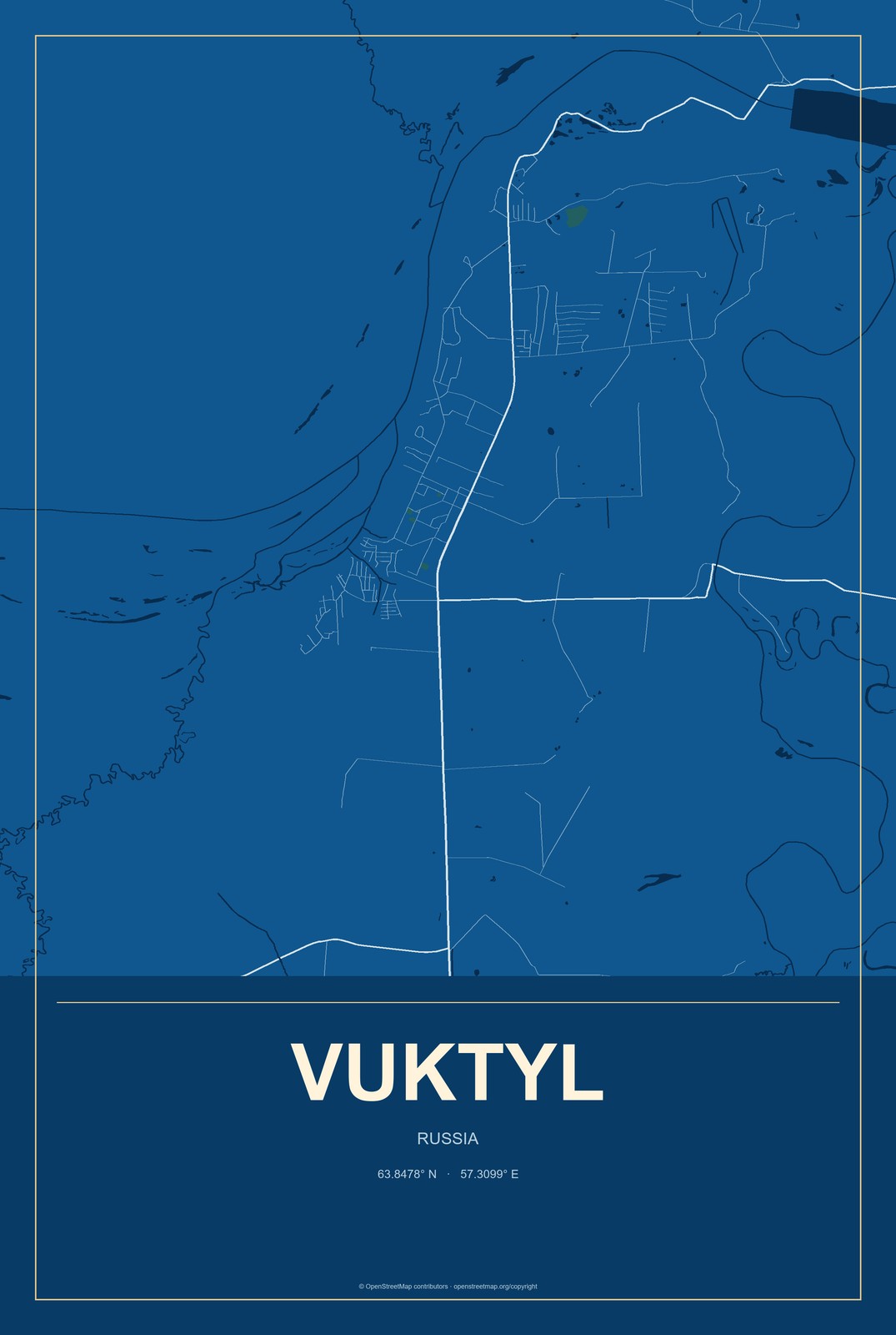Vuktyl, Russia City Map Aluminum Sign in Harbor Cobalt style