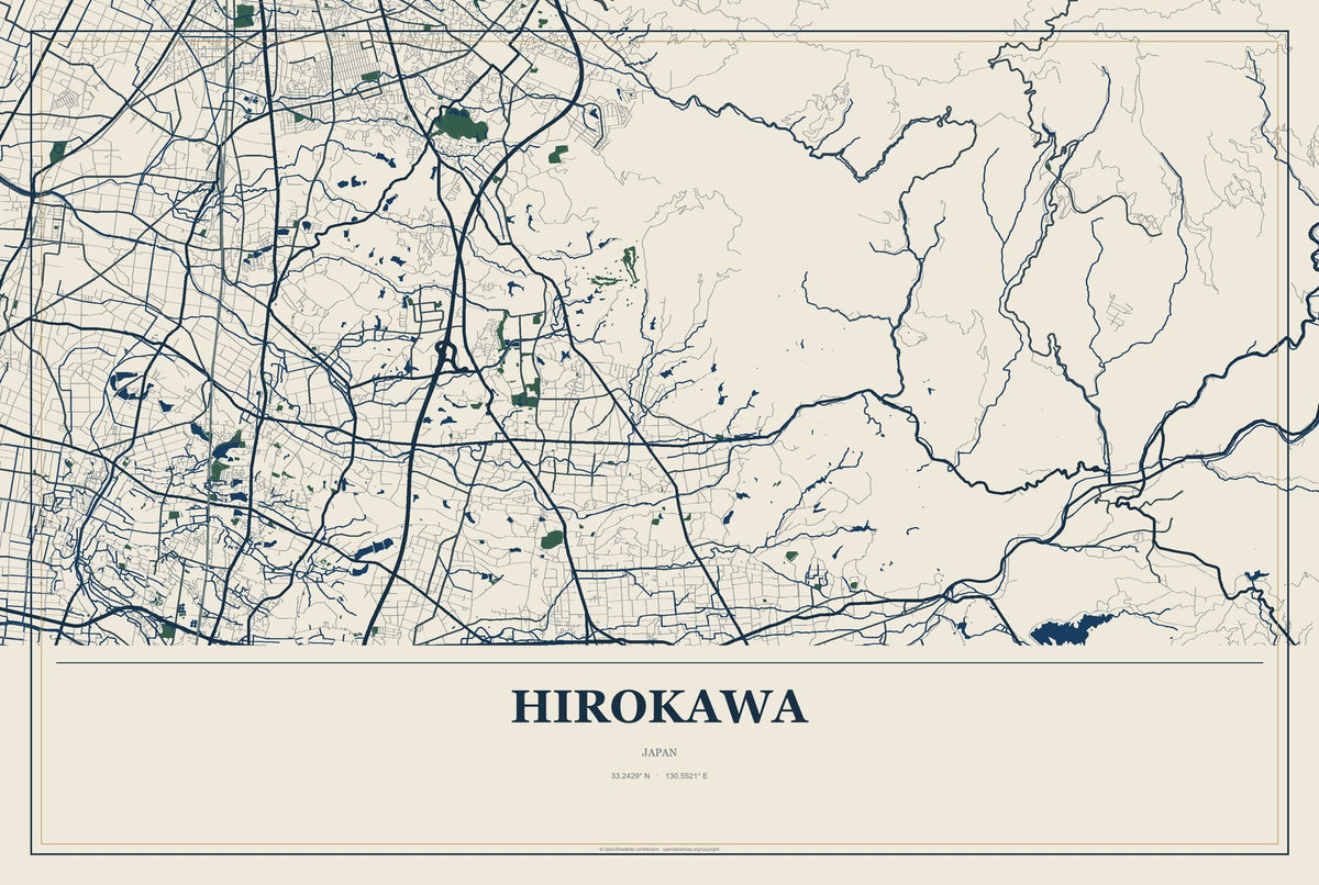 Hirokawa, Japan City Map Aluminum Sign in Coastal Cutout style