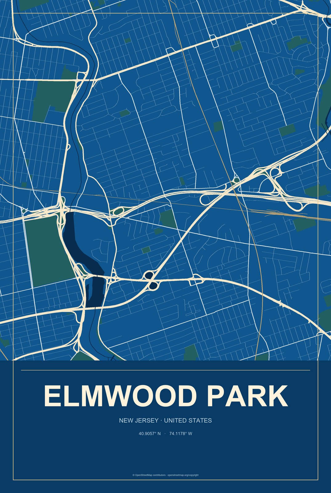 Elmwood Park, New Jersey City Map Aluminum Sign in Harbor Cobalt style