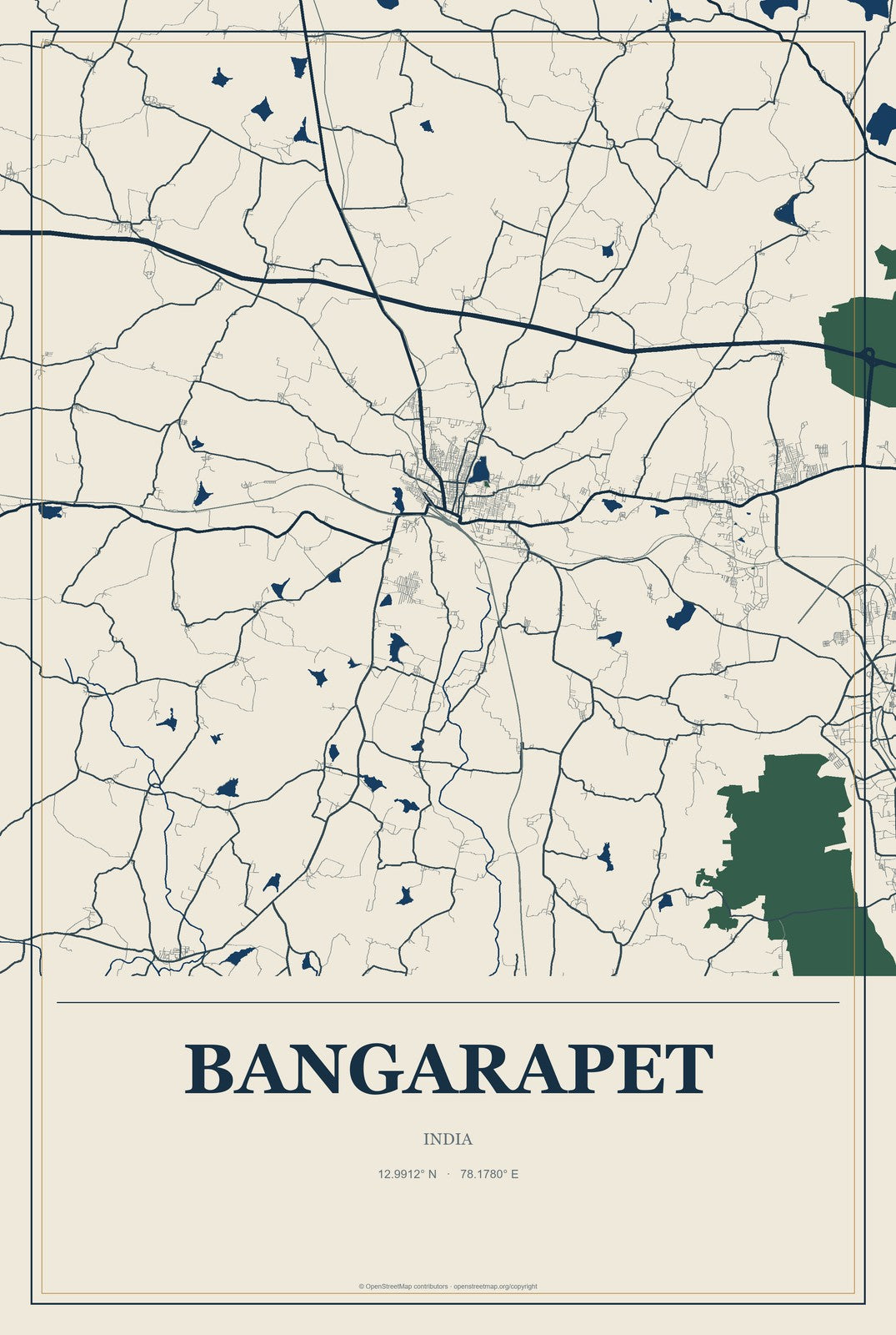 Bangarapet, India City Map Aluminum Sign in Coastal Cutout style