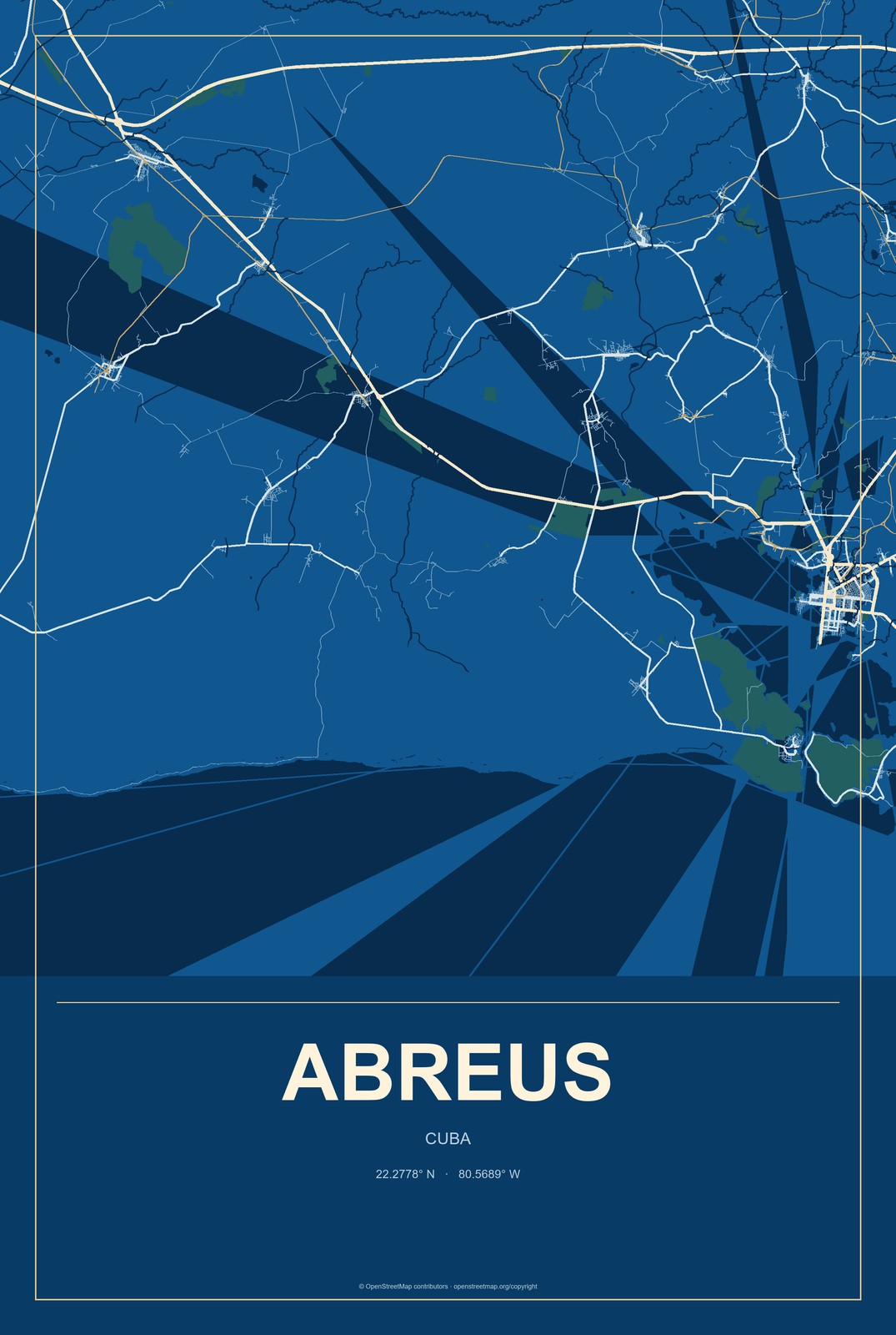 Abreus, Cuba City Map Aluminum Sign in Harbor Cobalt style