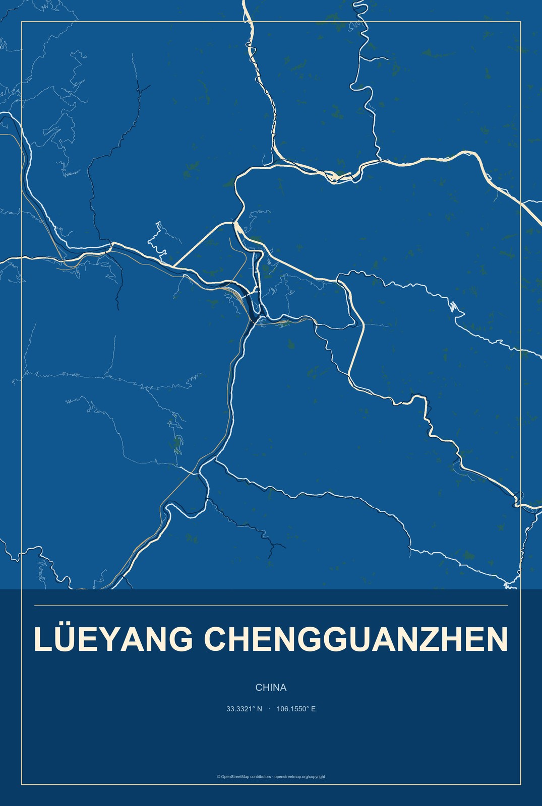 Lüeyang Chengguanzhen, China City Map Aluminum Sign in Harbor Cobalt style