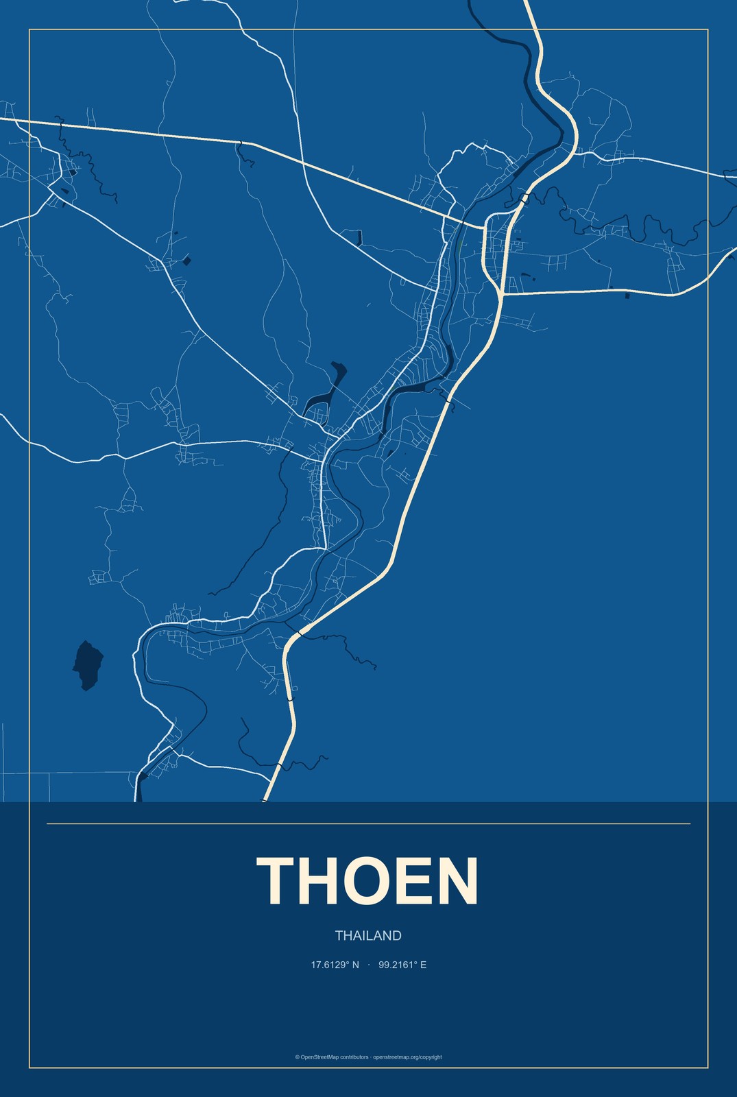 Thoen, Thailand City Map Aluminum Sign in Harbor Cobalt style