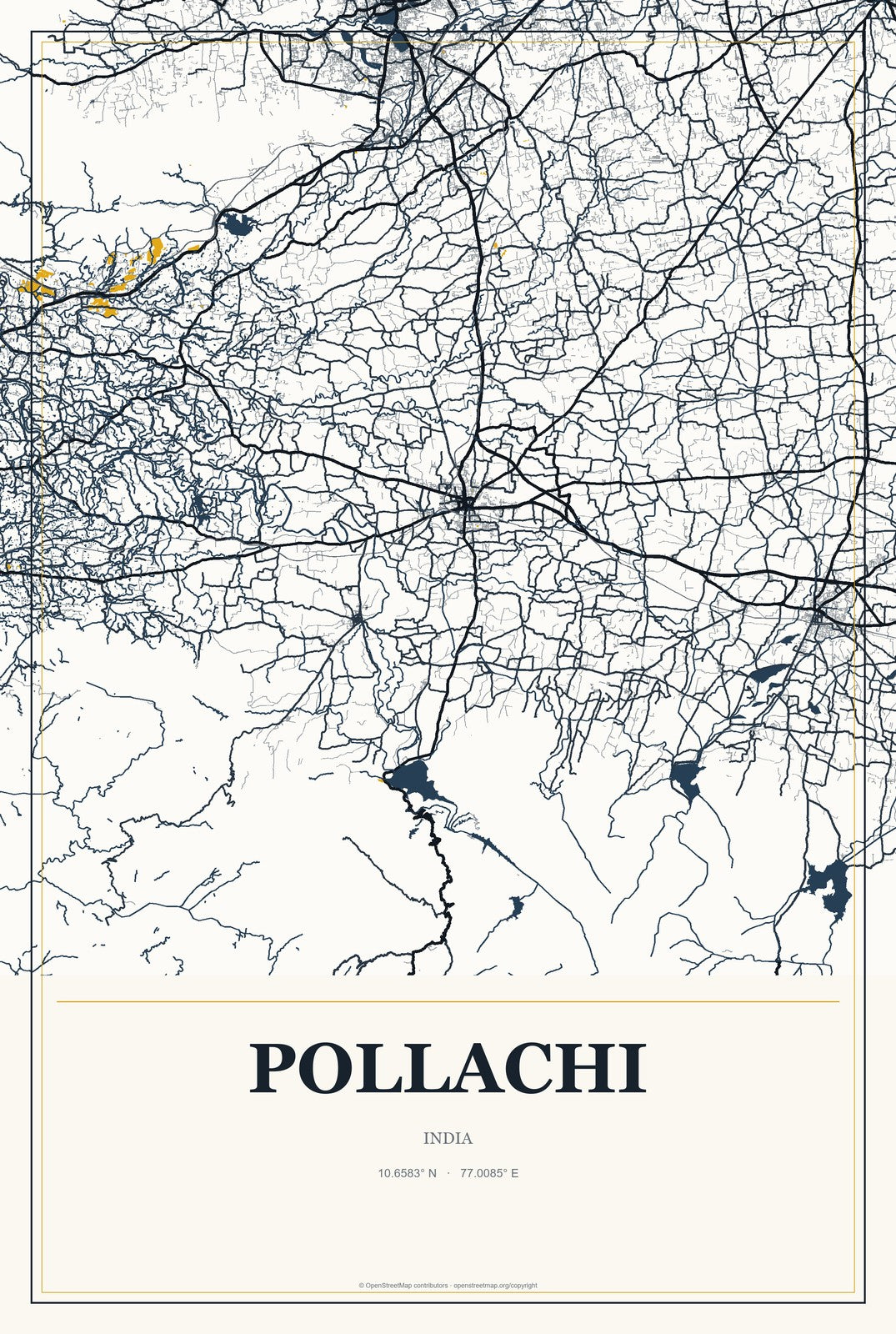 Pollachi, India City Map Aluminum Sign in Citrine Modern style