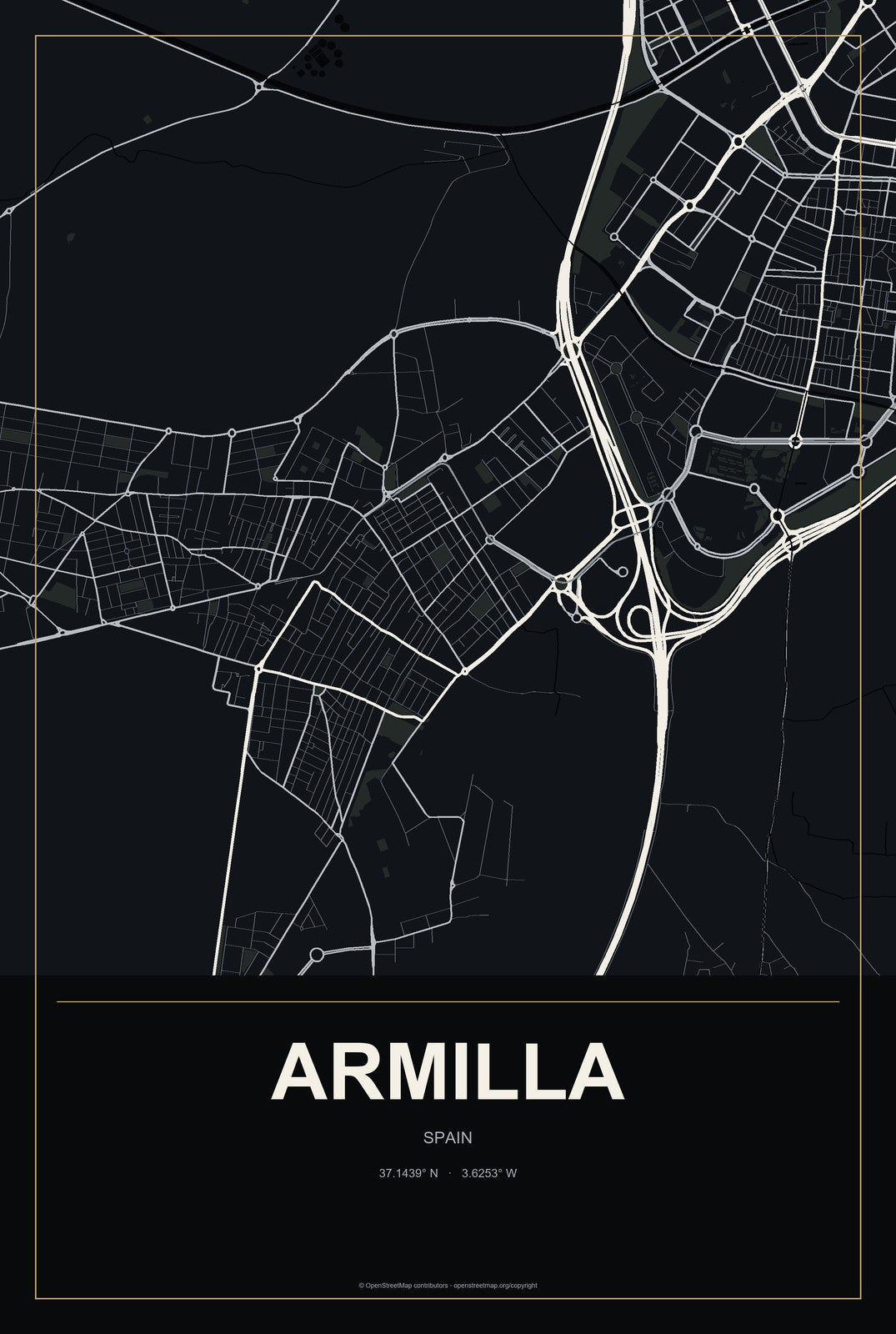 Armilla, Spain City Map Aluminum Sign in Metropolitan Noir style