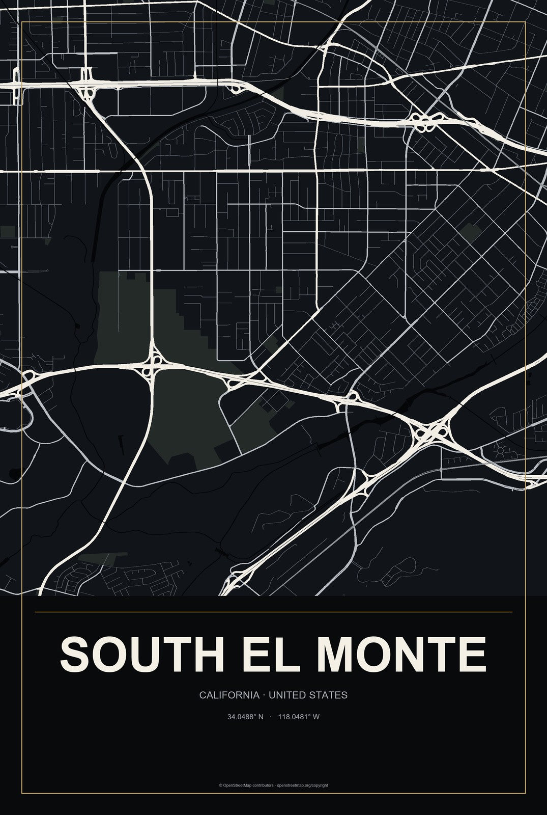 South El Monte, California City Map Aluminum Sign in Metropolitan Noir style