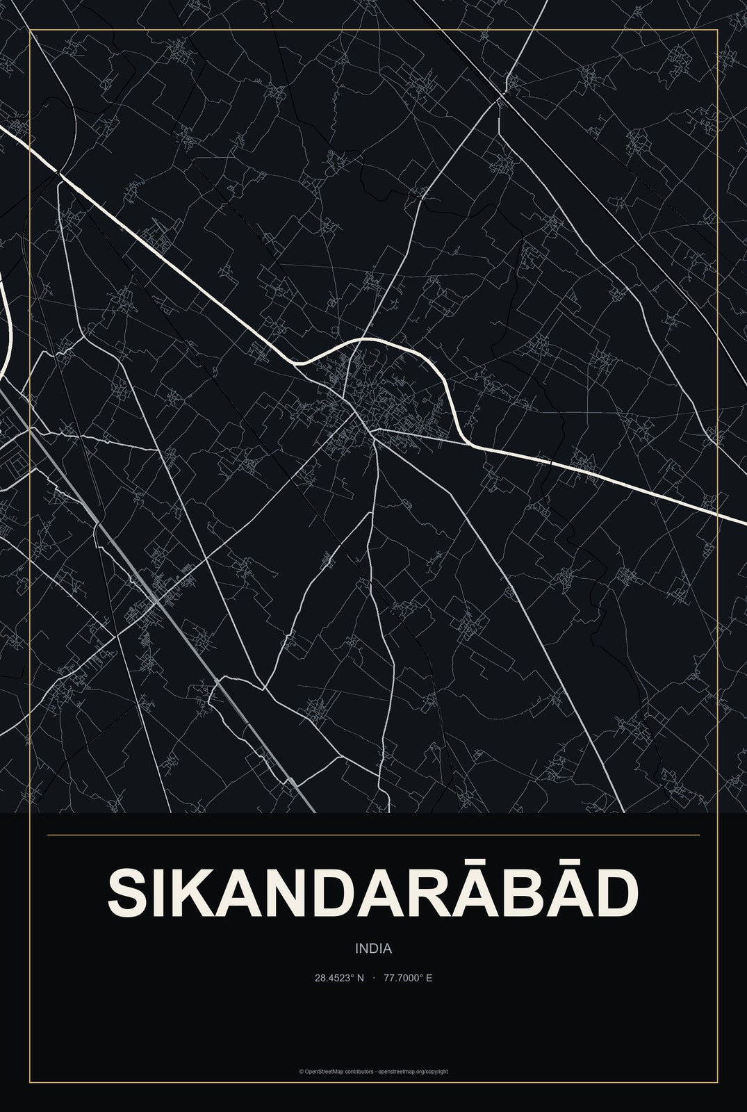 Sikandarābād, India City Map Aluminum Sign in Metropolitan Noir style