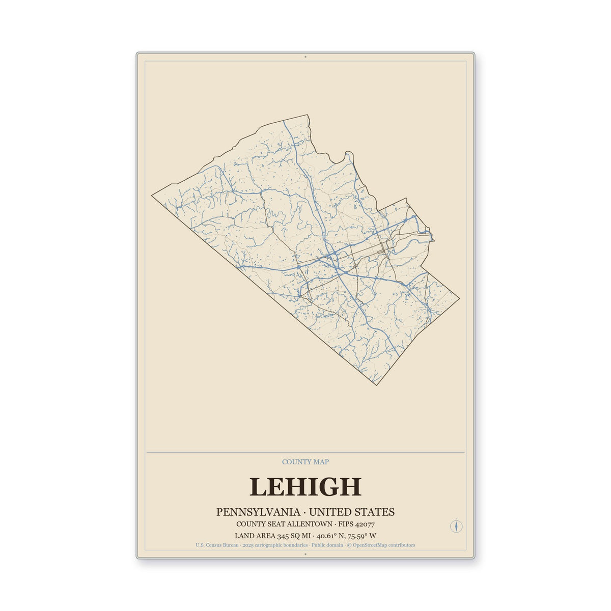 Lehigh County, Pennsylvania Map Aluminum Sign in Heritage Nautical style