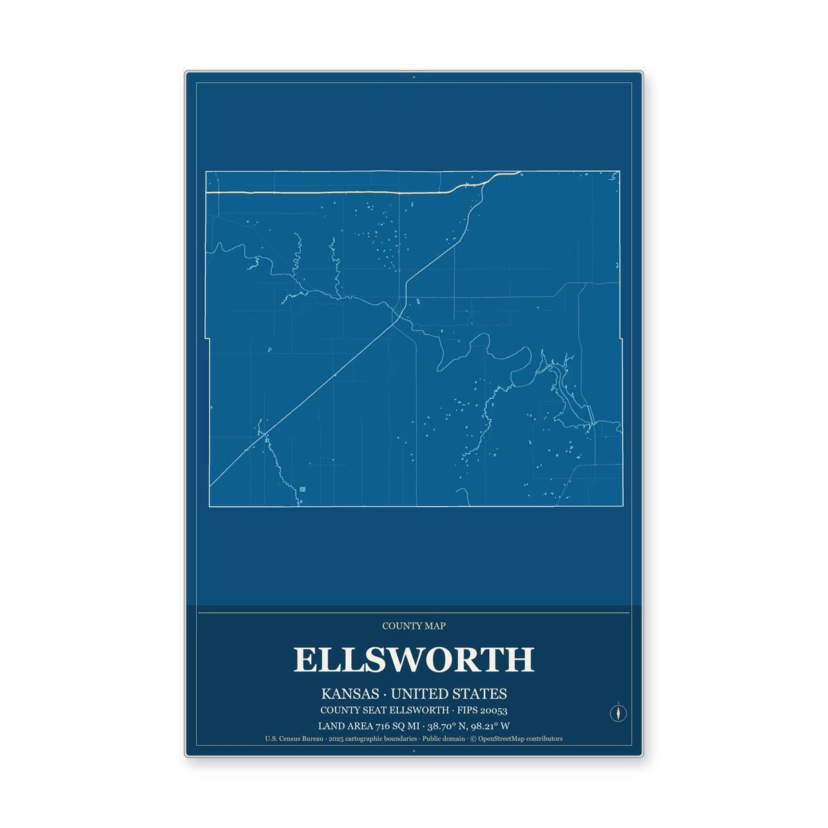 Ellsworth County, Kansas Map Aluminum Sign in Harbor Cobalt style