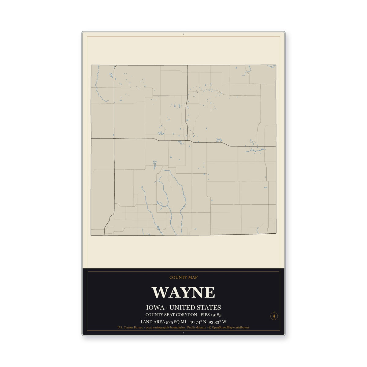 Wayne County, Iowa Map Aluminum Sign in Museum Plaque style