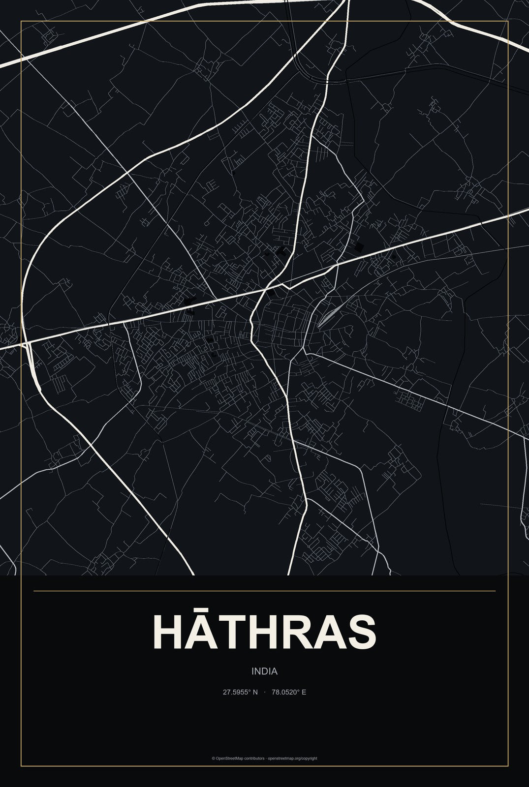 Hāthras, India City Map Aluminum Sign in Metropolitan Noir style