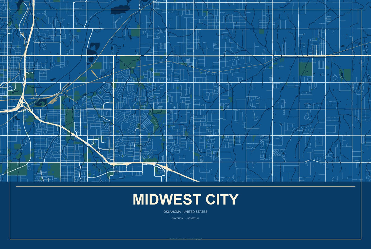 Midwest City, Oklahoma City Map Aluminum Sign in Harbor Cobalt style