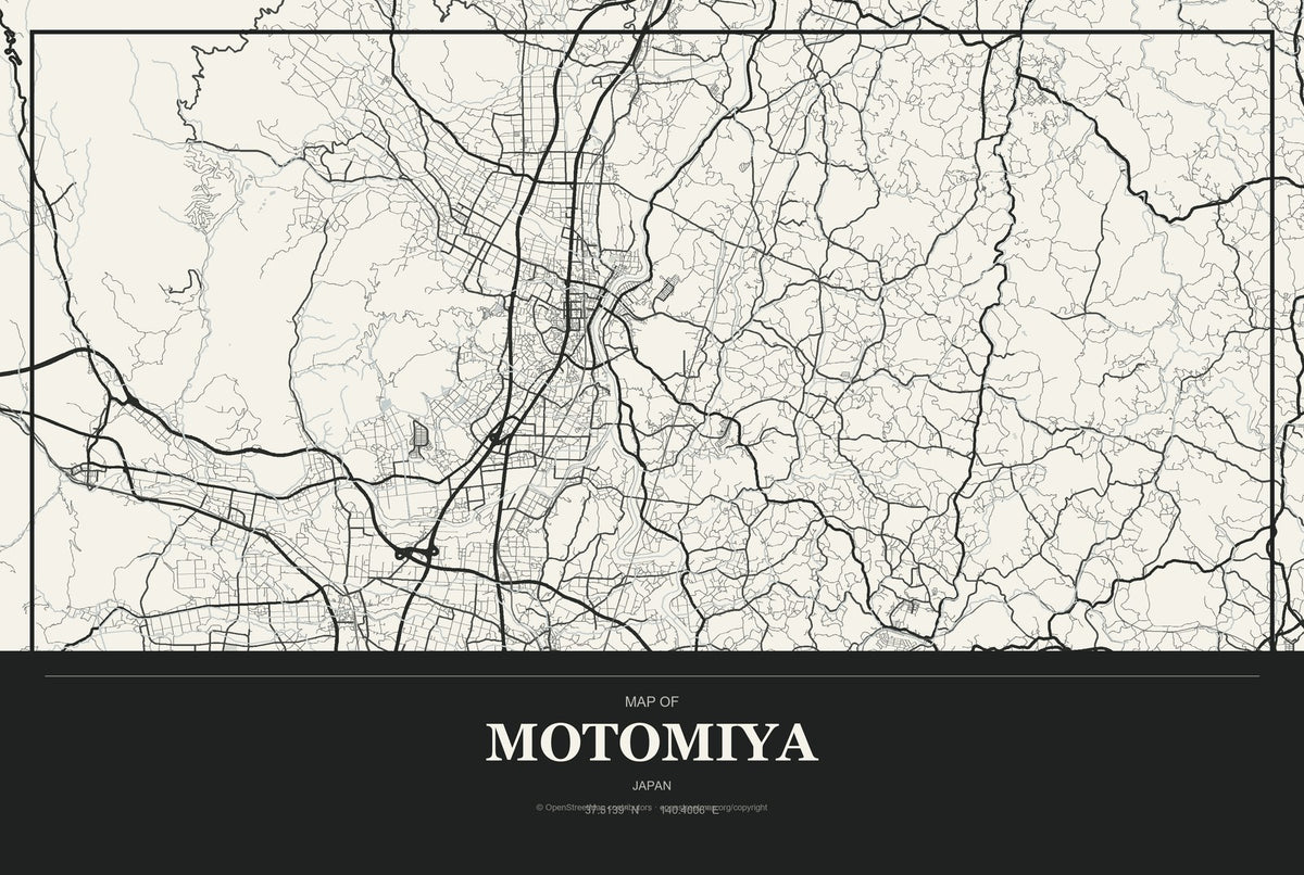 Motomiya, Japan City Map Aluminum Sign in Museum Plaque style