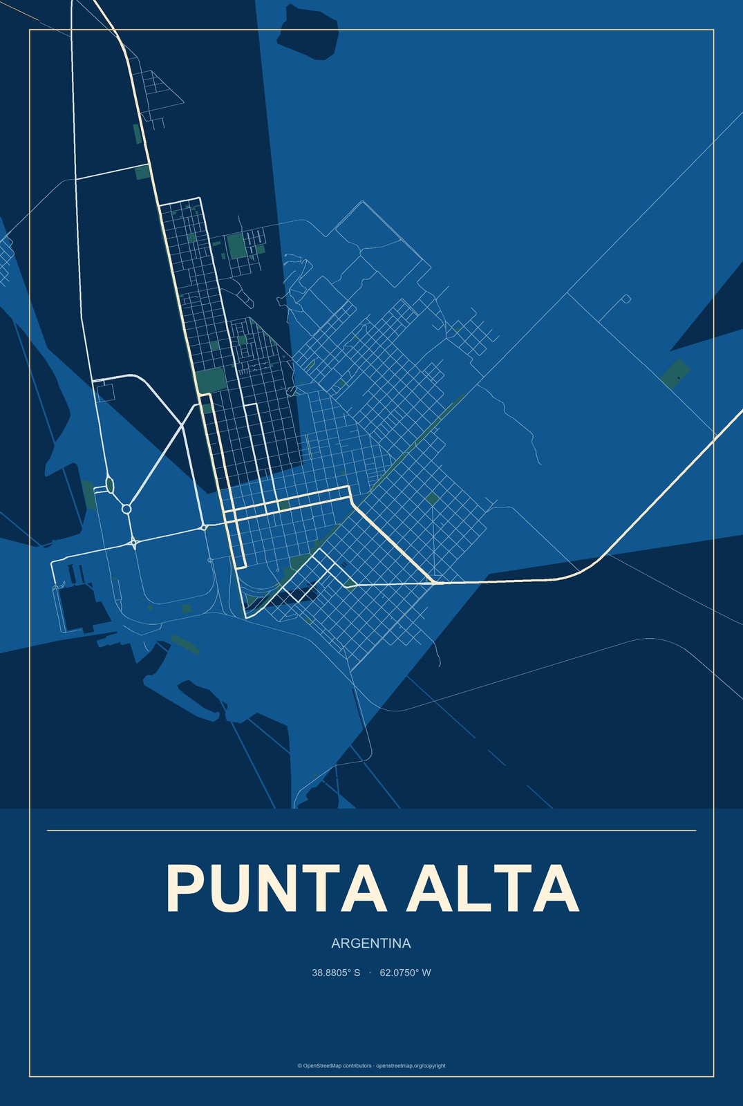 Punta Alta, Argentina City Map Aluminum Sign in Harbor Cobalt style