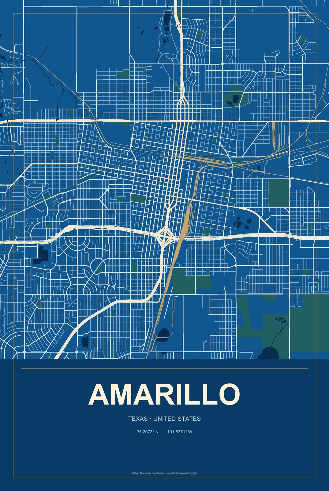 Amarillo, Texas City Map Aluminum Sign in Harbor Cobalt style