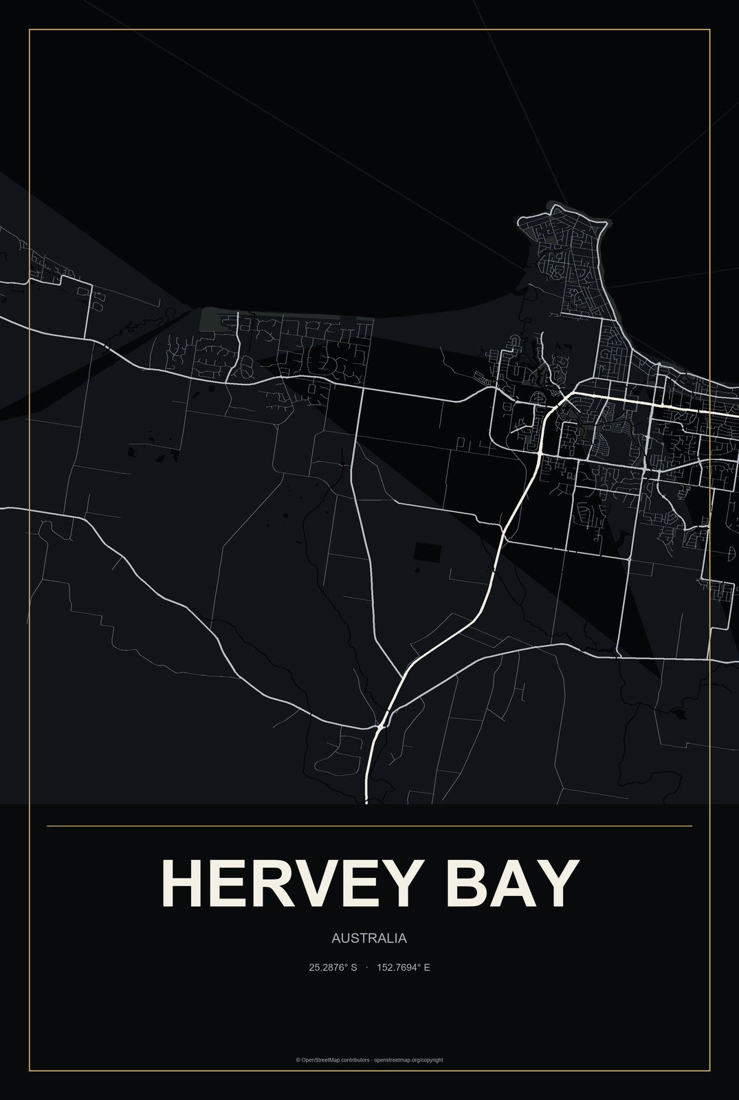 Hervey Bay, Australia City Map Aluminum Sign in Metropolitan Noir style
