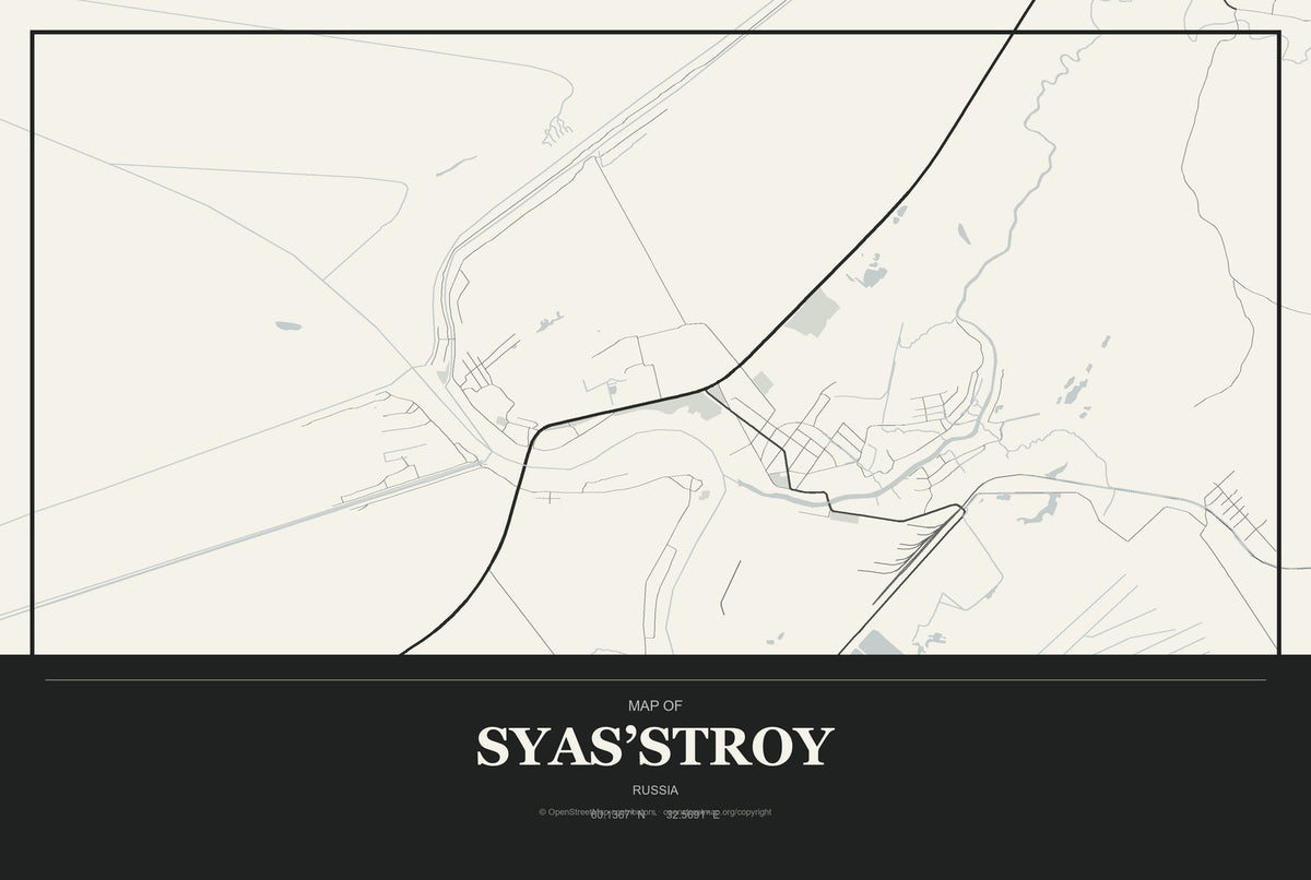 Syas’stroy, Russia City Map Aluminum Sign in Museum Plaque style