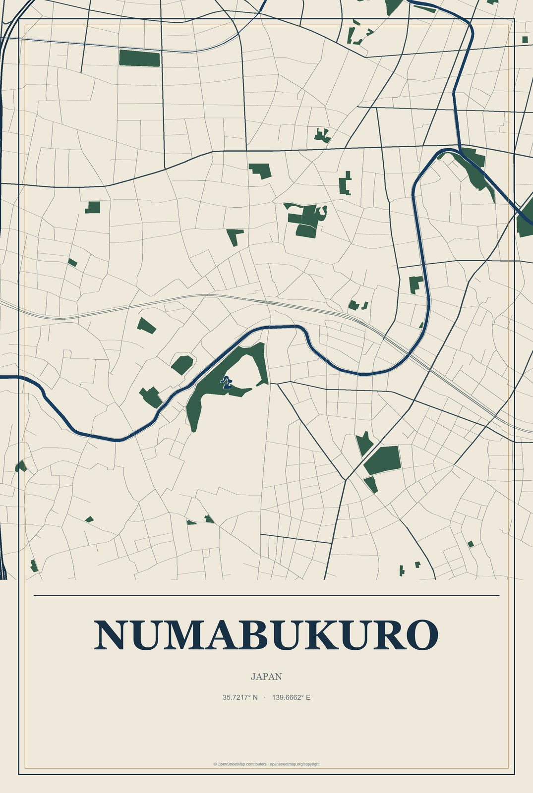 Numabukuro, Japan City Map Aluminum Sign in Coastal Cutout style