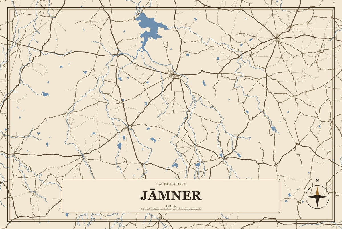 Jāmner, India City Map Aluminum Sign in Heritage Nautical style