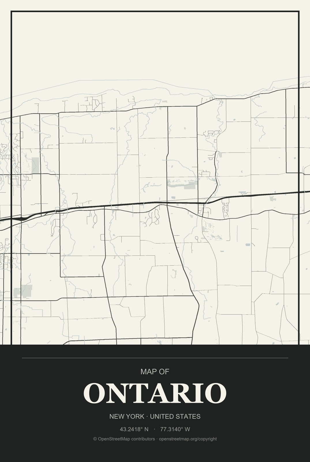 Ontario, New York City Map Aluminum Sign in Museum Plaque style