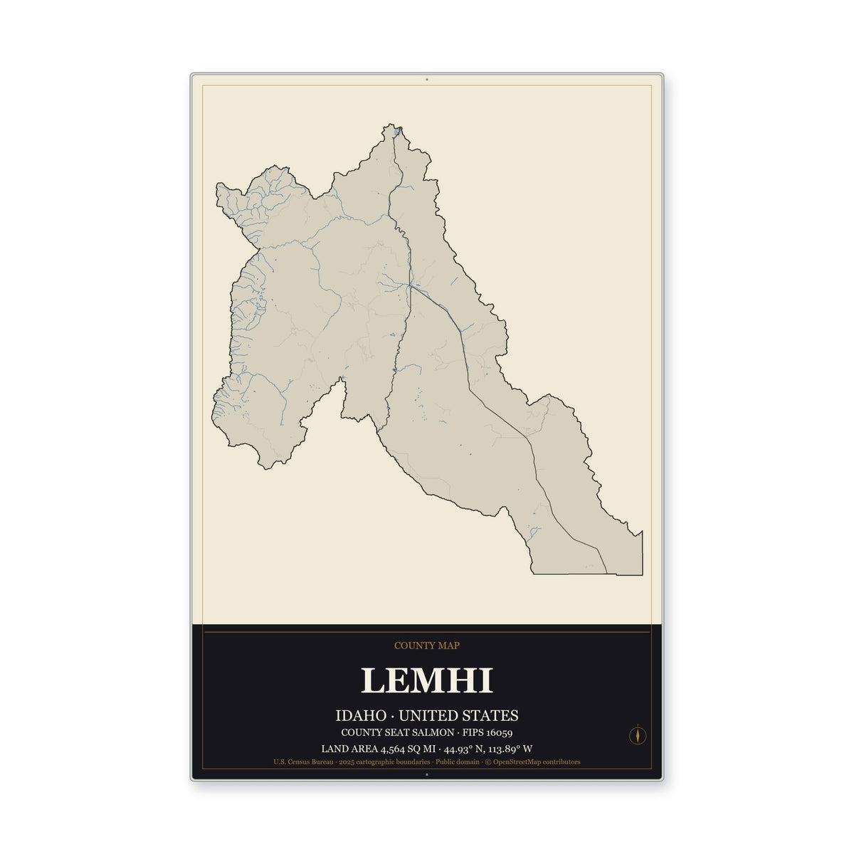 Lemhi County, Idaho Map Aluminum Sign in Museum Plaque style