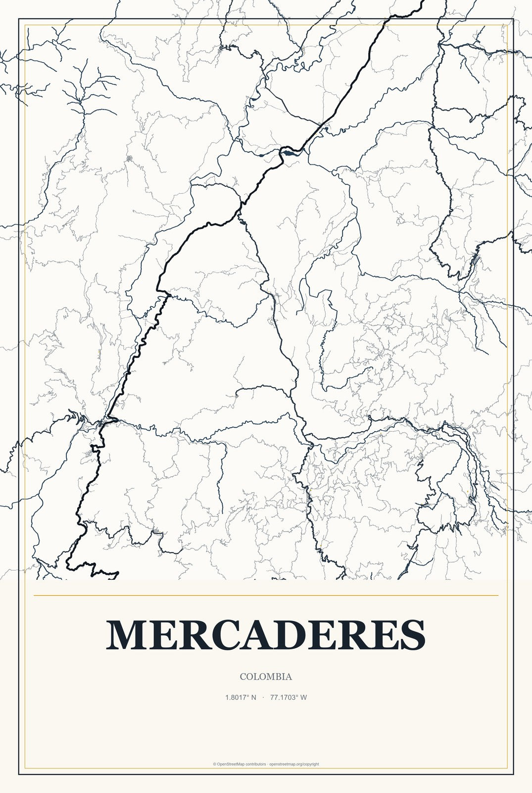 Mercaderes, Colombia City Map Aluminum Sign in Citrine Modern style