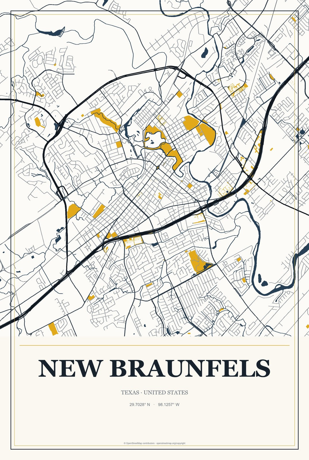 New Braunfels, Texas City Map Aluminum Sign in Citrine Modern style