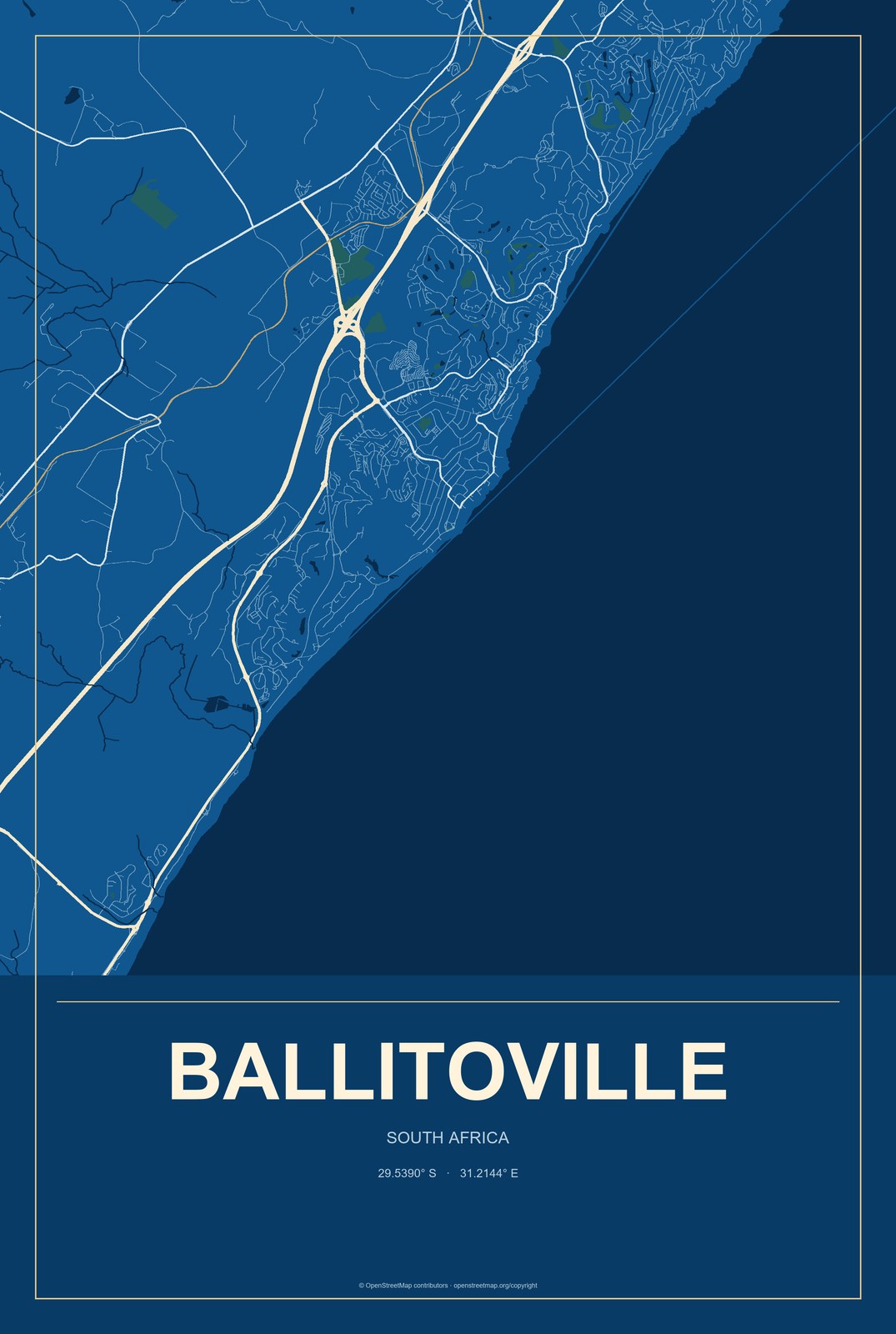 Ballitoville, South Africa City Map Aluminum Sign in Harbor Cobalt style
